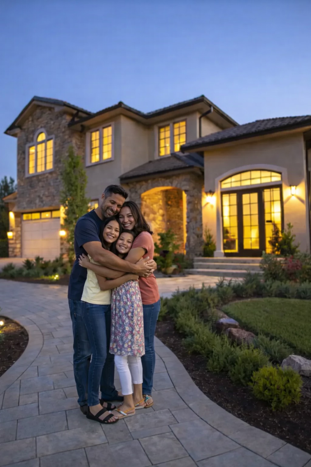 Family celebrating in front of a new home at dusk in Smyrna, GA.