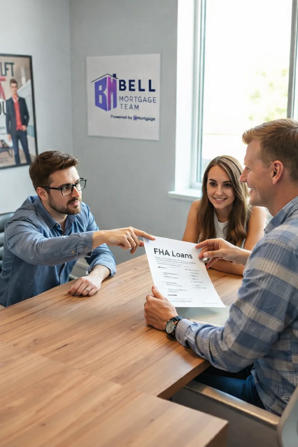 Couple reviewing FHA loan details with a mortgage advisor in an office setting.