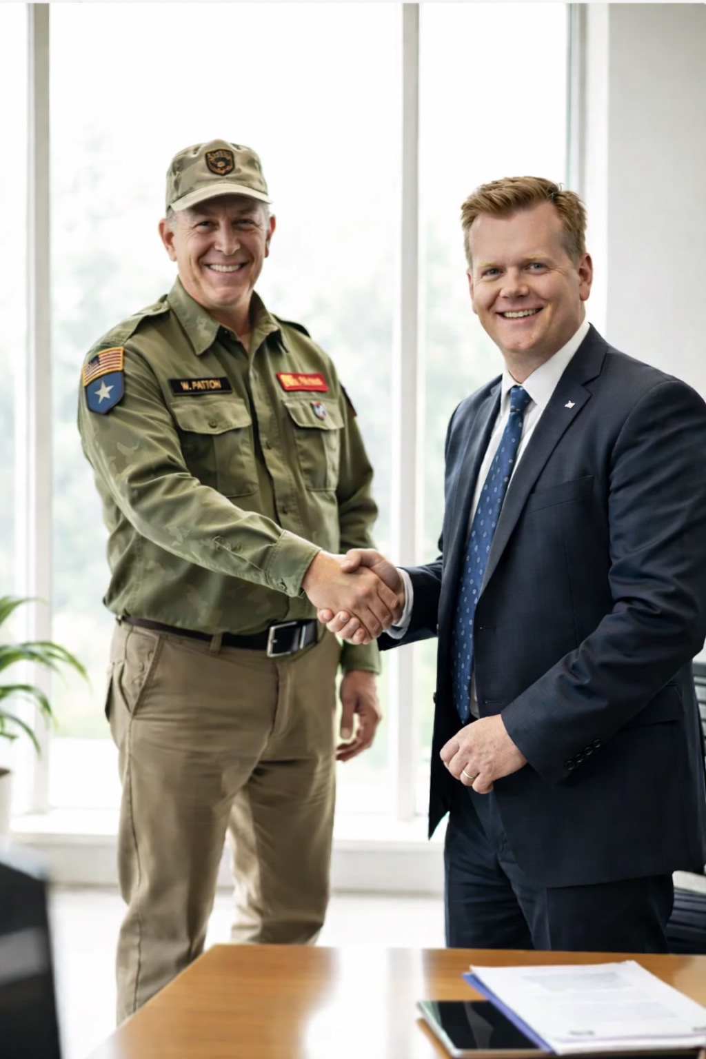 Veteran shaking hands with a mortgage broker in a bright office in Smyrna, GA.